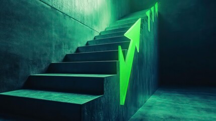 Aufkleber - Glowing green arrows ascend concrete stairs in a dark, abstract setting, symbolizing growth and progress.