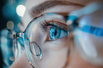 Aufkleber - Close up view of a female eye wearing glasses with sharp vision in an indoor setting during the day. Generative AI