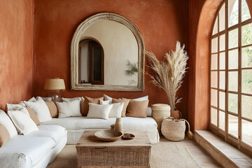 Wall Mural - Mediterranean-inspired living room with terracotta walls, an arched mirror, and woven baskets for decor