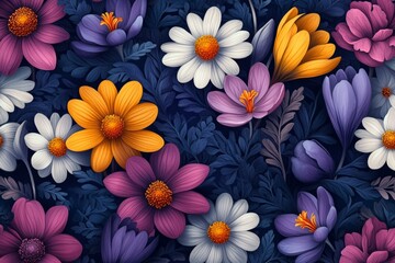 Poster - Vibrant floral pattern featuring daisies and crocuses, creating a beautiful and colorful design