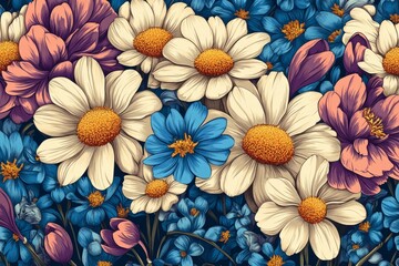Poster - Beautiful bouquet of daisies, peonies, and blue wildflowers creating a vibrant floral arrangement