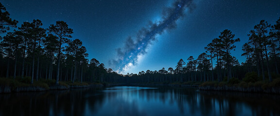 Wall Mural - Mystical Night Sky Over Cypress Swamp with Reflections on Calm Water and Silhouetted Pines