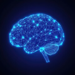Poster - A glowing blue wireframe depiction of a human brain against a dark background, symbolizing advanced technology.