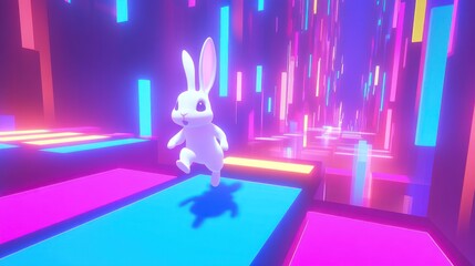 Wall Mural - A white rabbit runs through a vibrant, neon-lit tunnel.