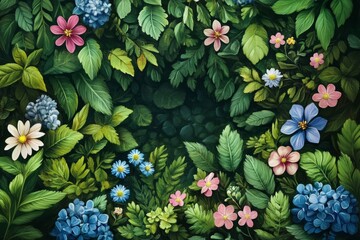 Poster - Vibrant illustration of colorful flowers and lush green leaves forming a beautiful natural frame, perfect for nature-themed designs