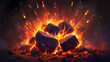 © Thiago - Intense bursting flames and glowing embers in an explosive fiery combustion creating a dramatic energy and heat effect with luminous sparks and smoldering smoke. Firestone. Illustration