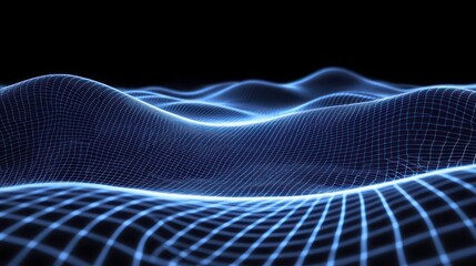 Poster - Abstract blue glowing grid waves on black background.