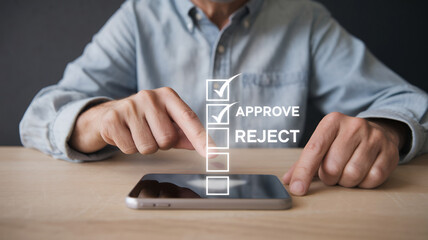 Aufkleber - Businessman using smartphone to mark approved checkbox for quality document and project approval process