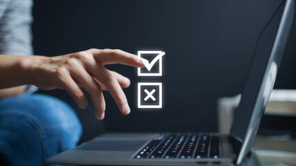 Poster - Illustration of a laptop displaying three check marks representing business options with positive and negative indicators