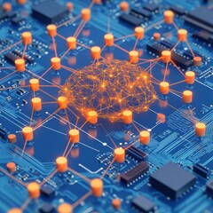 Fototapete - Abstract close-up of a computer circuit board with glowing network connections and bright orange nodes.