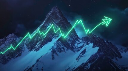 Aufkleber - Glowing upward arrow graph on snowy mountain peak at night, symbolizing growth and success.