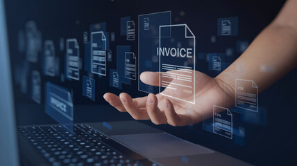 Fototapete - Businessman Using Laptop to Manage Digital Invoices and Online Statements in a Modern Work Environment for Efficiency