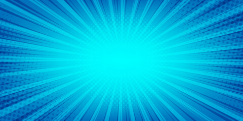 Blue comic radial background with dots and rays. Abstract gradient with dotted halftone effects and dynamic light beams. Perfect for banners, posters, dynamic design projects