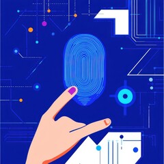 Fototapete - A human hand interacts with a digital fingerprint on a vibrant blue background, symbolizing cybersecurity.