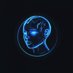 Poster - Futuristic illustration of a blue neon humanoid robot head on a dark background.