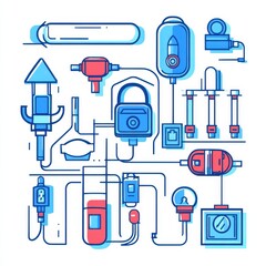Poster - Colorful vector illustration of various mechanical tools and gadgets, showcasing a mix of red and blue tones.