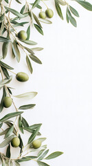 Wall Mural - The image shows a white background with olive branches adorned with green olives and leaves, creating a decorative border