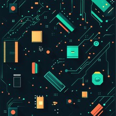 Fototapete - Abstract digital circuit board design featuring geometric shapes and vibrant colors.