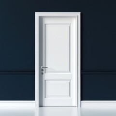Poster - A sleek white door stands against a dark blue wall, creating a striking contrast in a modern interior.
