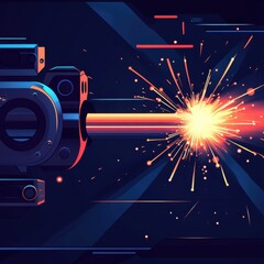 Poster - A futuristic firearm emits a vibrant explosion of energy against a dark, abstract background.