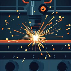Poster - A dynamic illustration of laser cutting with vibrant sparks flying in a workshop setting.