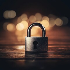 Poster - A metallic padlock sits prominently on a wooden surface, with soft bokeh lights in the background.