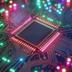 Poster - Close-up of a microchip on a circuit board illuminated by colorful LED lights.