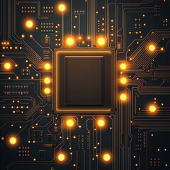 Poster - A close-up of a glowing circuit board with a prominent microchip, radiating warm, orange light.