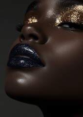 Wall Mural - A woman with gold and blue glitter on her face