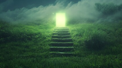 Poster - A captivating staircase hovers above vibrant grass, leading to a luminous door that radiates light. The atmosphere is ethereal, surrounded by mist and an enchanting night sky filled with mystery
