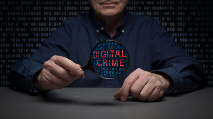 Poster - Businessman Holding Magnifying Glass Analyzing Binary Code with Red Digital Crime Text for Security Focus