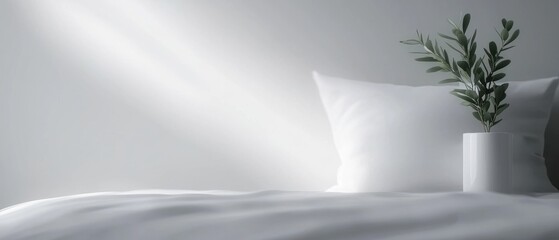 Poster - A white pillow sits on a bed with a potted plant in a white vase