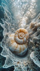 Poster - Nestled within enchanting underwater flora, a stunning spiral shell captivates with its intricate patterns and colors. Sunlight dances through the ocean depths, illuminating this serene moment