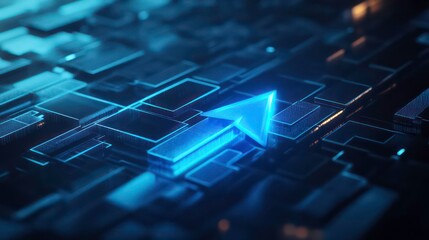Poster - Glowing blue arrow pointing upward on a dark technological background.
