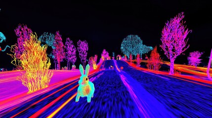 Sticker - Abstract digital illustration of a rabbit running through a vibrant neon forest.