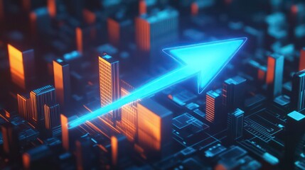 Poster - Glowing arrow rising above futuristic city.