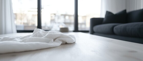 Wall Mural - A white towel is laying on a wooden table in a living room