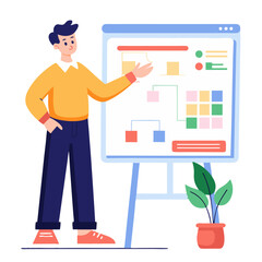 Poster - A project manager is actively engaging with team members by pointing to a detailed project plan displayed on a board