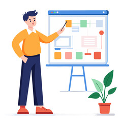 Poster - A project manager in a casual outfit points to a project plan on a whiteboard, guiding a team discussion in a bright office environment with a plant nearby