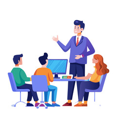Poster - A project manager is guiding a team through a meeting focused on project development. The team discusses strategies, tasks, and progress updates while seated around a table with a computer