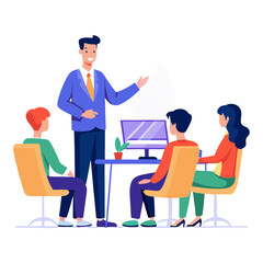 Poster - A project manager stands at the front of a conference table, engaging with four team members. They focus on a computer screen in a contemporary office atmosphere