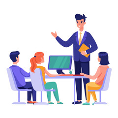 Poster - A project manager presents strategies to a group of team members in a modern office. The collaborative atmosphere fosters discussion and idea sharing among participants