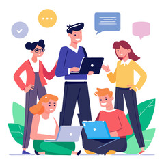 Poster - A project manager works with a diverse team to review reports and engage in discussions. Team members utilize laptops while sharing ideas in a collaborative environment