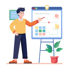 Poster - A project manager is actively engaging with a project plan, pointing at details on a presentation board in a modern office. The atmosphere is collaborative and focused