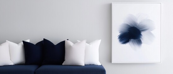 Canvas Print - A white and blue couch with pillows and a black