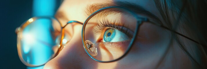 Wall Mural - Close up of female eye in vision correction glasses with reflections highlighting vibrant iris details and long eyelashes. Generative AI