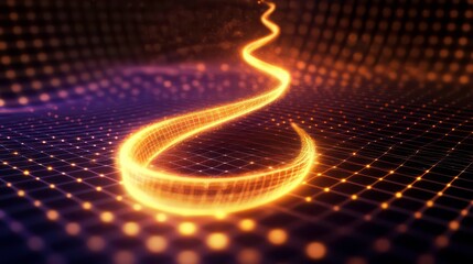 Fototapete - Abstract glowing orange energy trail on dark grid background.