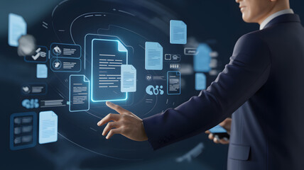 Aufkleber - Businessman Interacting with Digital Document Icon for Approving Business Project Proposals Online Effectively
