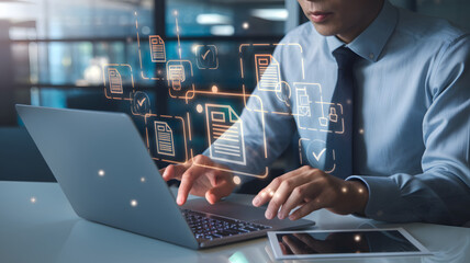 Aufkleber - Businessman Touching Approved Document Icon on Digital Documents for Approving Business Project Proposals and Plans