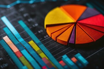 Poster - Vibrant pie chart symbolizes market share, positioned on a graph depicting growth trends, suggesting increasing profits and successful business strategies
